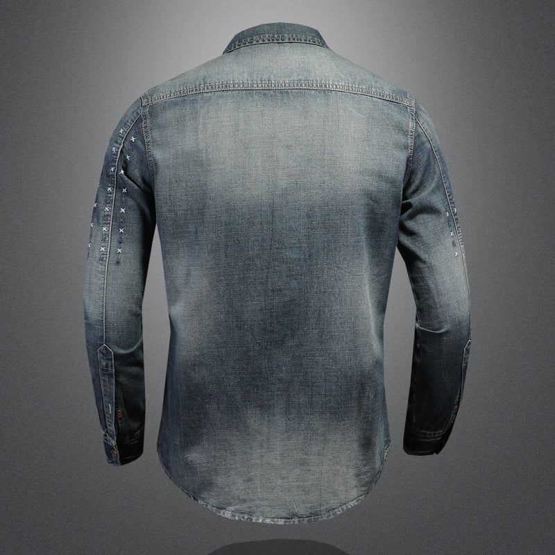 High quality vintage embroidered washed shirt for men slim fit