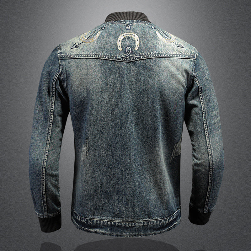 Baseball Rib Embroidered Denim Jacket for Men