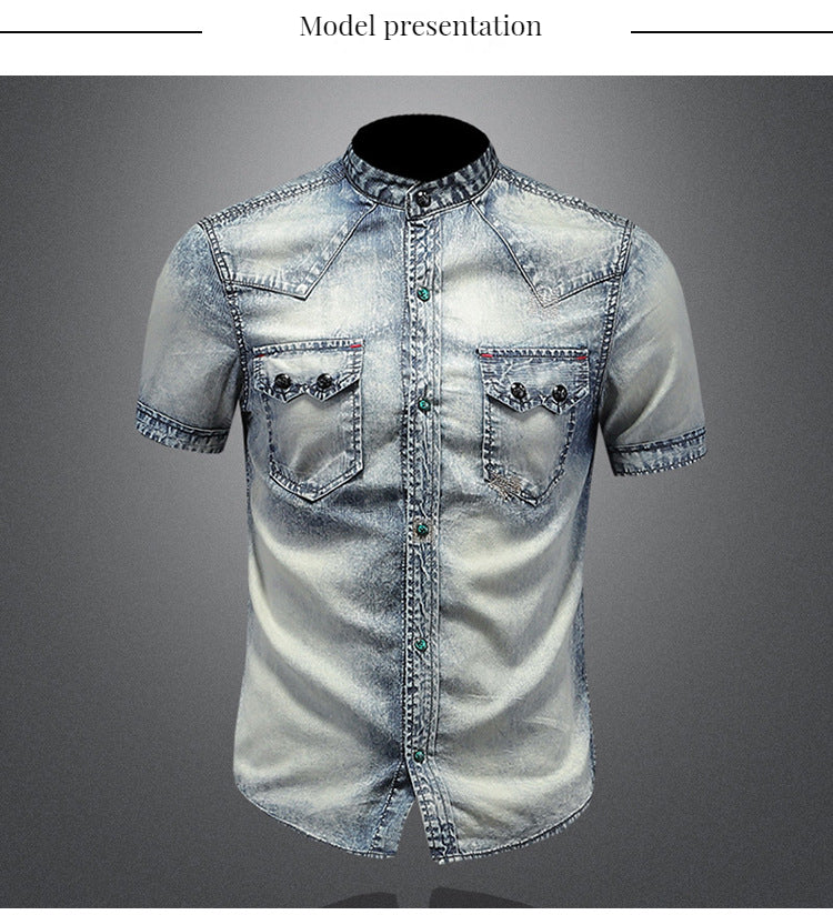 Men's denim short sleeve lining Vintage washed denim shirt summer
