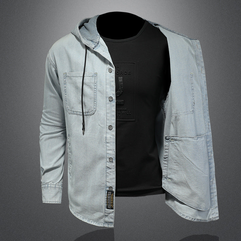 Men's light colored hooded shirt with embroidery