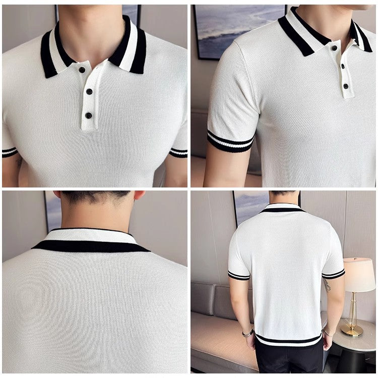 High-grade contrast color knitted short-sleeved Polo shirt ice silk thin T-shirt