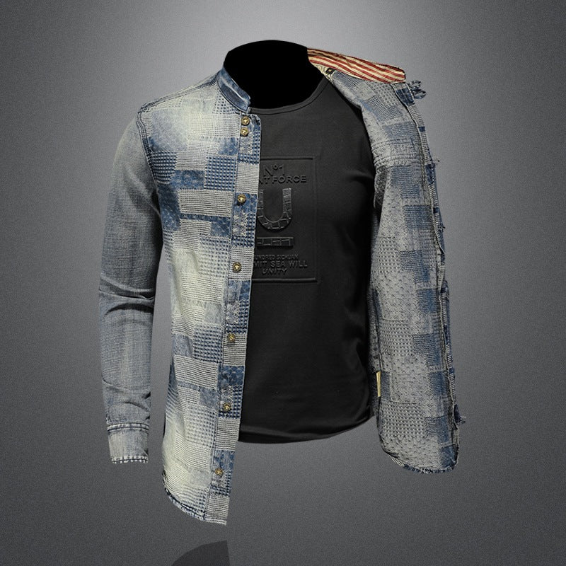 Retro personalized patchwork denim shirt punk shirt men