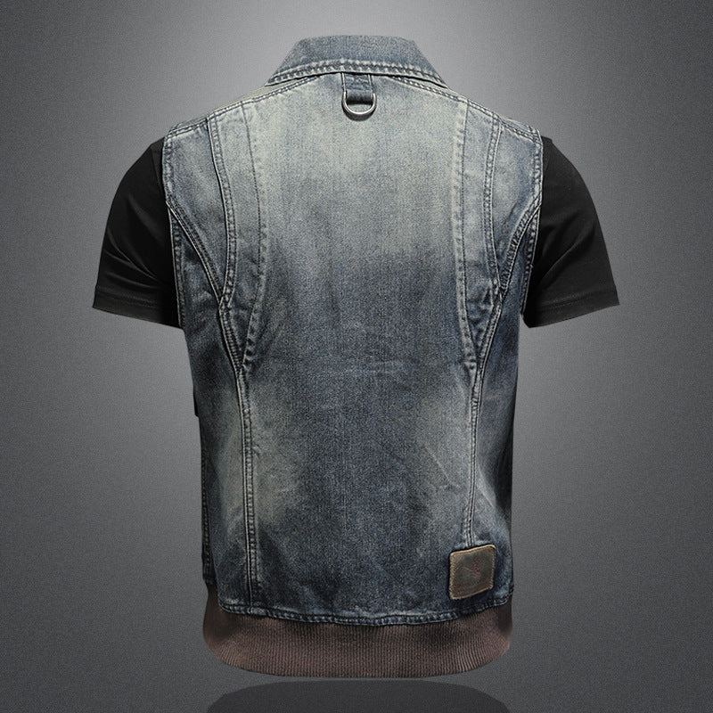 Retro large pocket zipper lapel denim vest for boys trendy vest