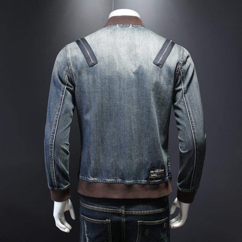 Men's zipper baseball collar denim jacket