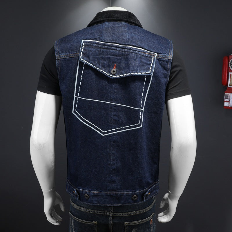 Men's large pocket stitching raw lapel denim vest
