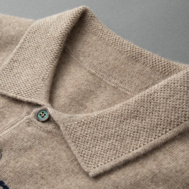 Men's Polo Shirt Collar Cashmere Sweater Fashion Jacquard Striped Sweater Loose Pullover Knitted Bottoming Shirt Top