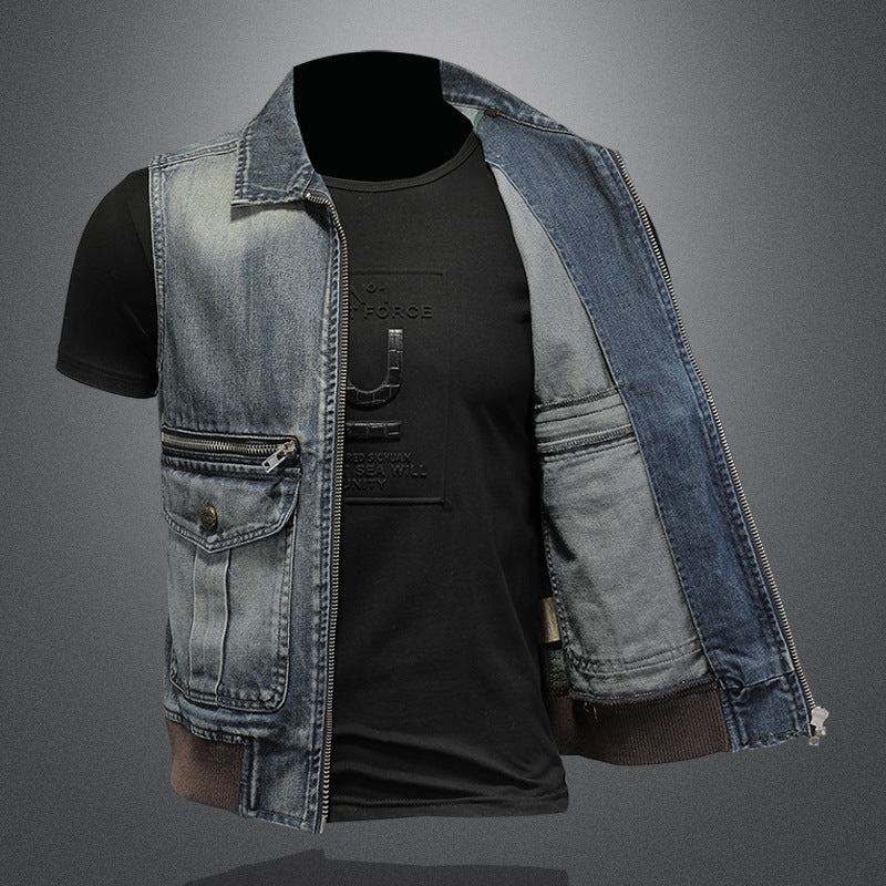 Retro large pocket zipper lapel denim vest for boys trendy vest