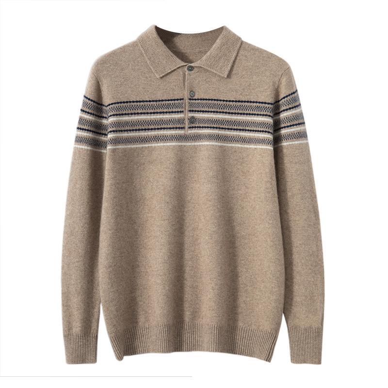 Men's Polo Shirt Collar Cashmere Sweater Fashion Jacquard Striped Sweater Loose Pullover Knitted Bottoming Shirt Top
