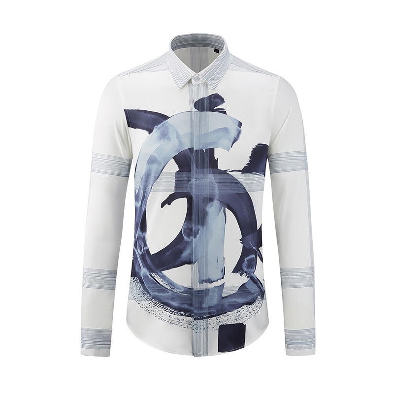 Vertical ink splash letter positioning printing men's long sleeve shirt