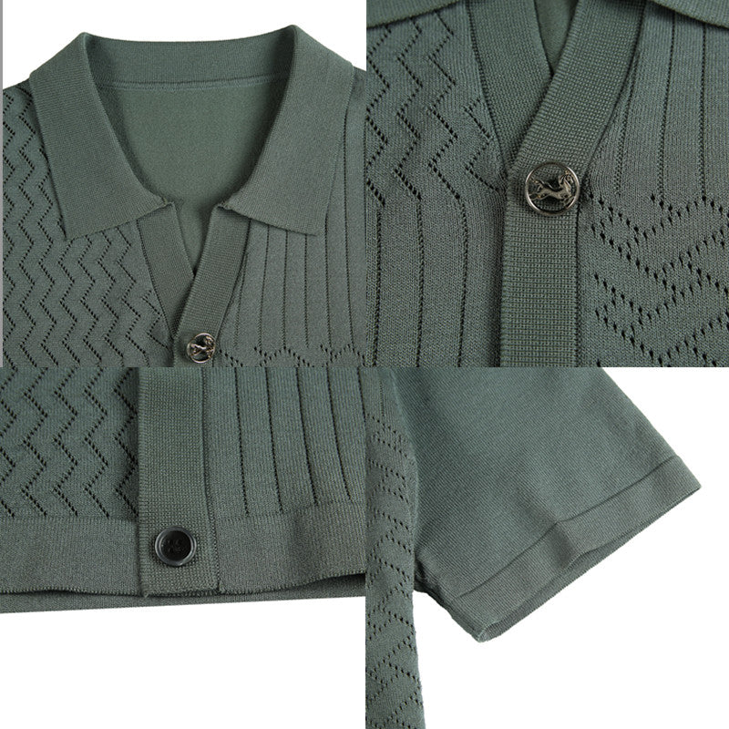 Men's short-sleeved polo shirt knitted ice silk slim striped T-shirt