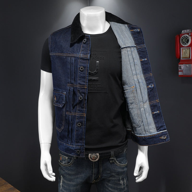 Men's large pocket stitching raw lapel denim vest