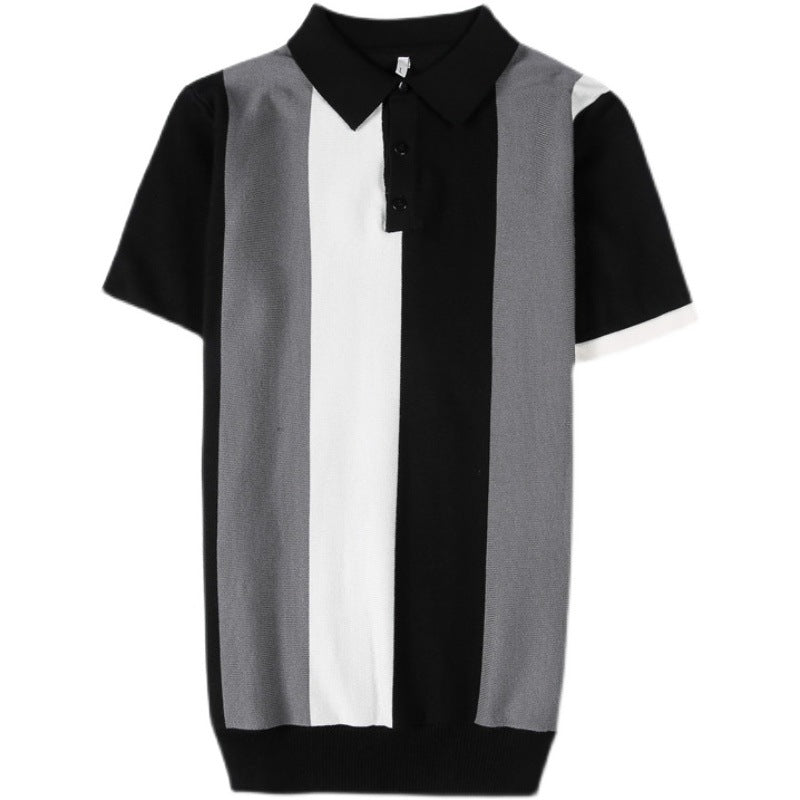 Striped Colorblock Short Sleeve Polo Shirt Men's High-end Lapel Knitted Ice Silk T-shirt