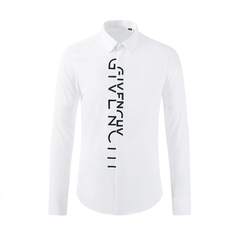 High-end men's long-sleeved shirt with random letters embroidered on the placket