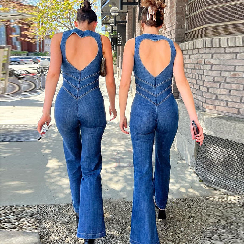Women's backless sweetheart denim jumpsuit