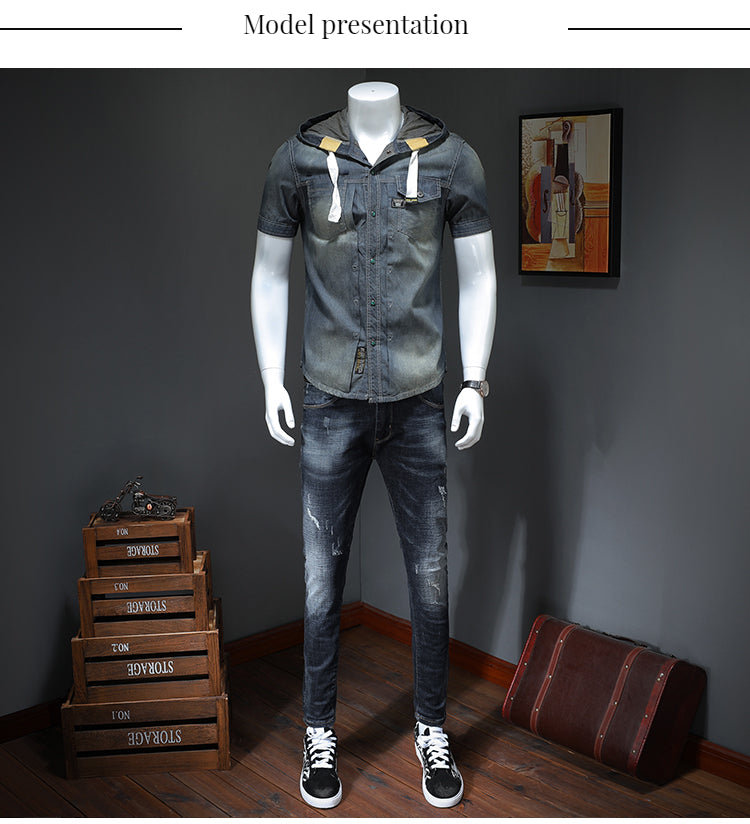 Men's trendy hooded short-sleeved shirts