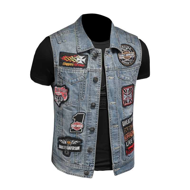 Harley motorcycle emblem denim vest for men riding large size European and American style sleeveless waistcoat