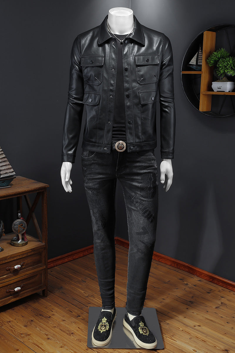 Men's Lapel Leather Motorcycle Jacket