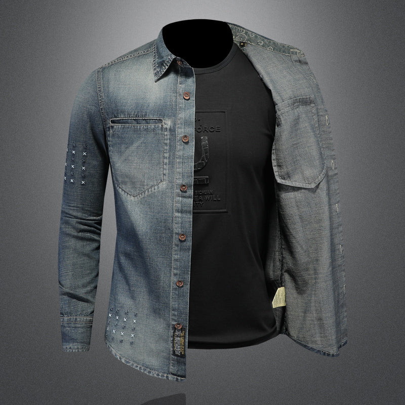 High quality vintage embroidered washed shirt for men slim fit