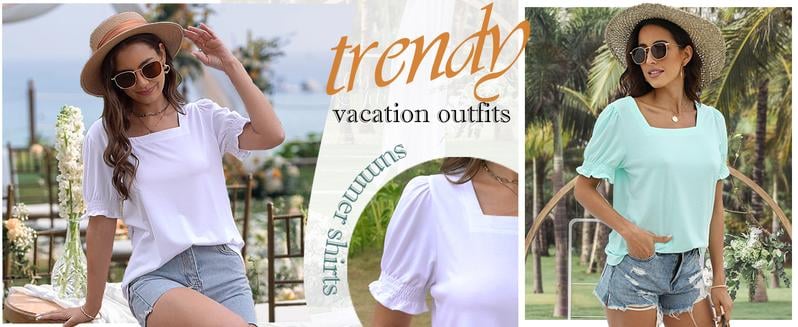 🔥 Tops for Women Summer Casual Ruffle Trim Sleeve Square Neck T Shirts