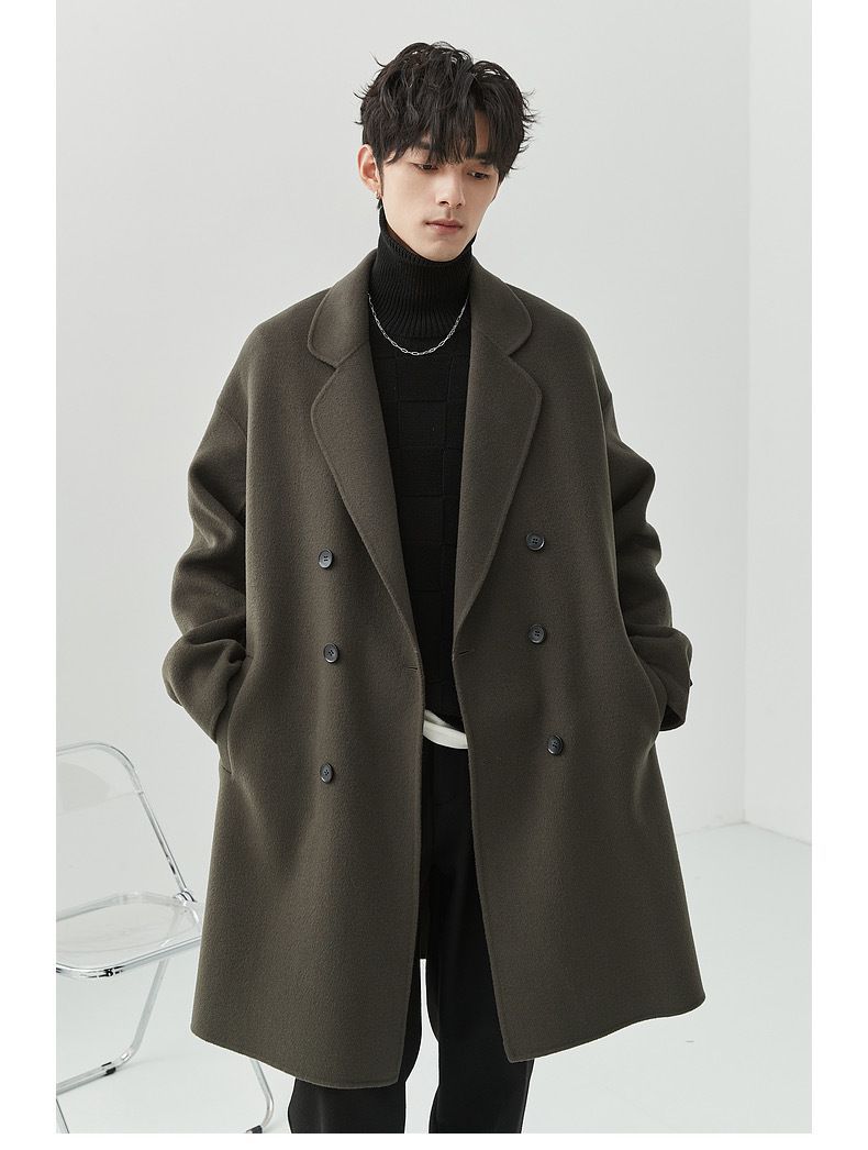 Double-faced wool coat for men, mid-length, Korean style, loose design