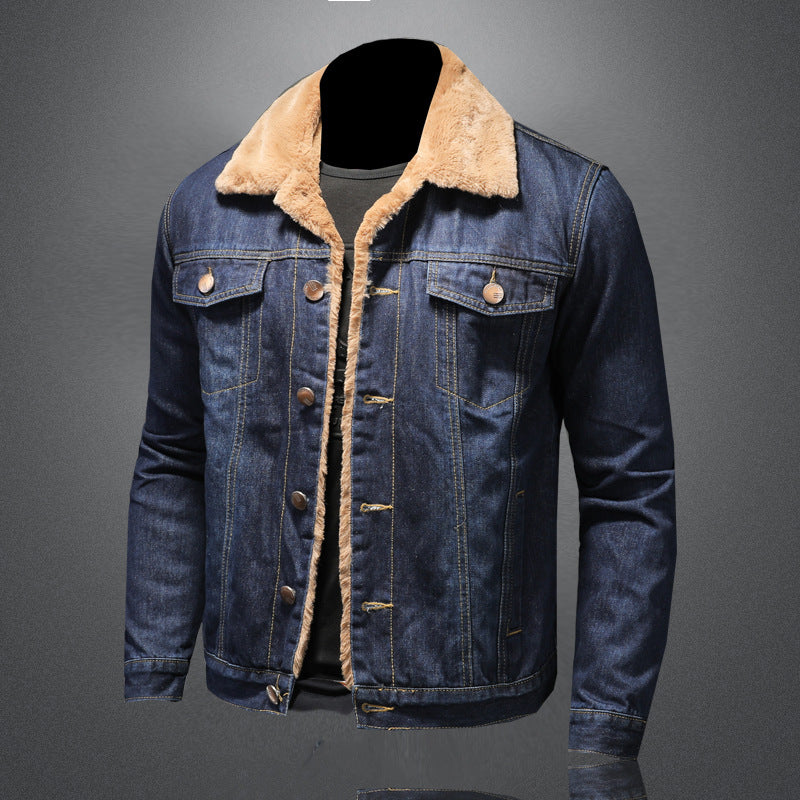 Plush and thickened warm denim jacket Men's plus size simple denim jacket