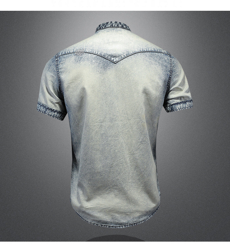 Men's denim short sleeve lining Vintage washed denim shirt summer