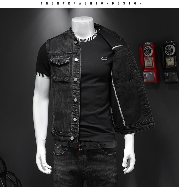 Men's Harley Davidson Team Uniform Black Stand Collar Large Size Denim Vest