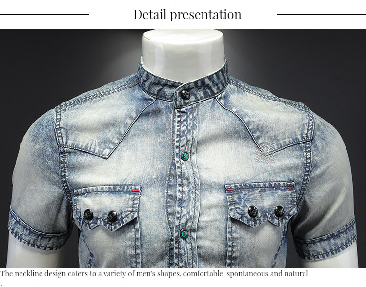 Men's denim short sleeve lining Vintage washed denim shirt summer