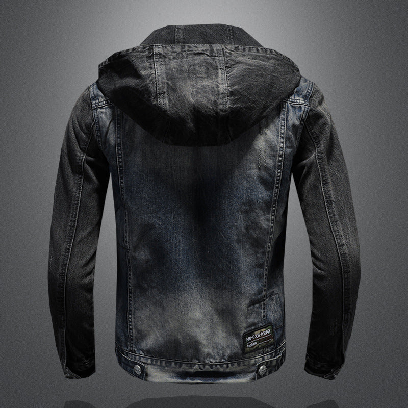 Fashionable hooded denim jacket Heavyweight personality casual denim slim fit