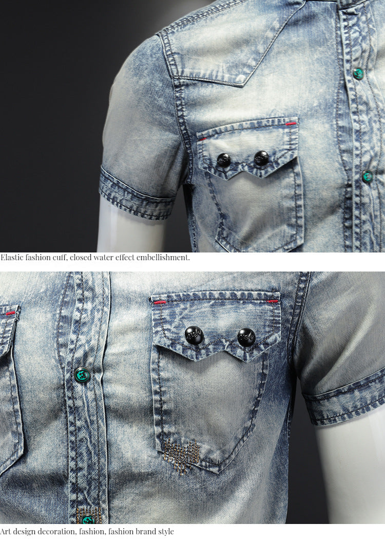 Men's denim short sleeve lining Vintage washed denim shirt summer
