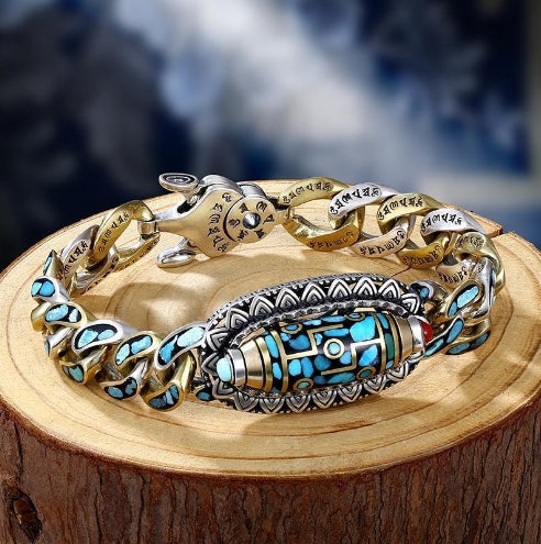Turquoise Six-character Mantra Nine-Eyed Bead Bracelet