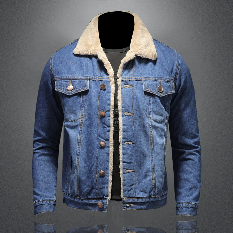 Plush and thickened warm denim jacket Men's plus size simple denim jacket