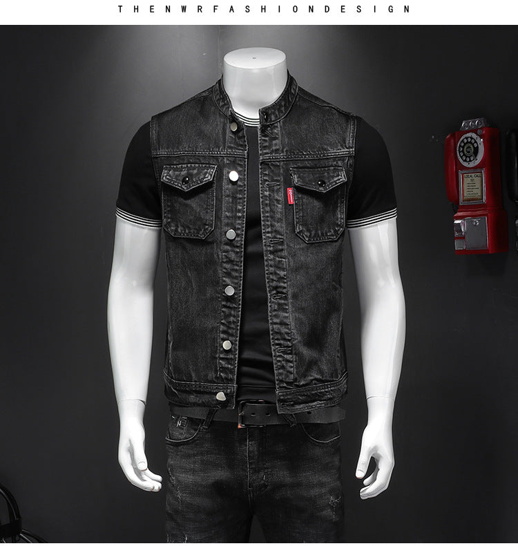 Men's Harley Davidson Team Uniform Black Stand Collar Large Size Denim Vest
