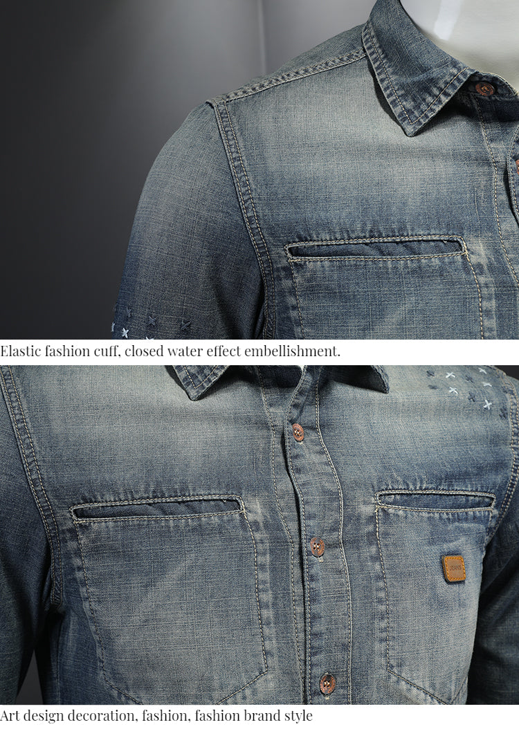 High quality vintage embroidered washed shirt for men slim fit
