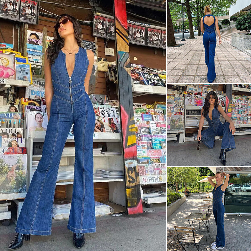 Women's backless sweetheart denim jumpsuit