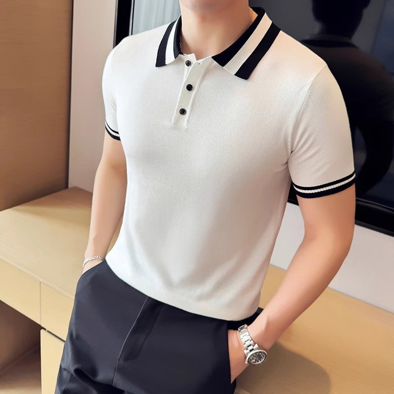 High-grade contrast color knitted short-sleeved Polo shirt ice silk thin T-shirt
