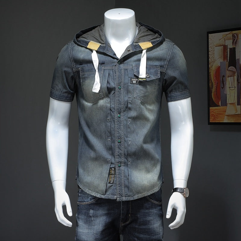 Men's trendy hooded short-sleeved shirts