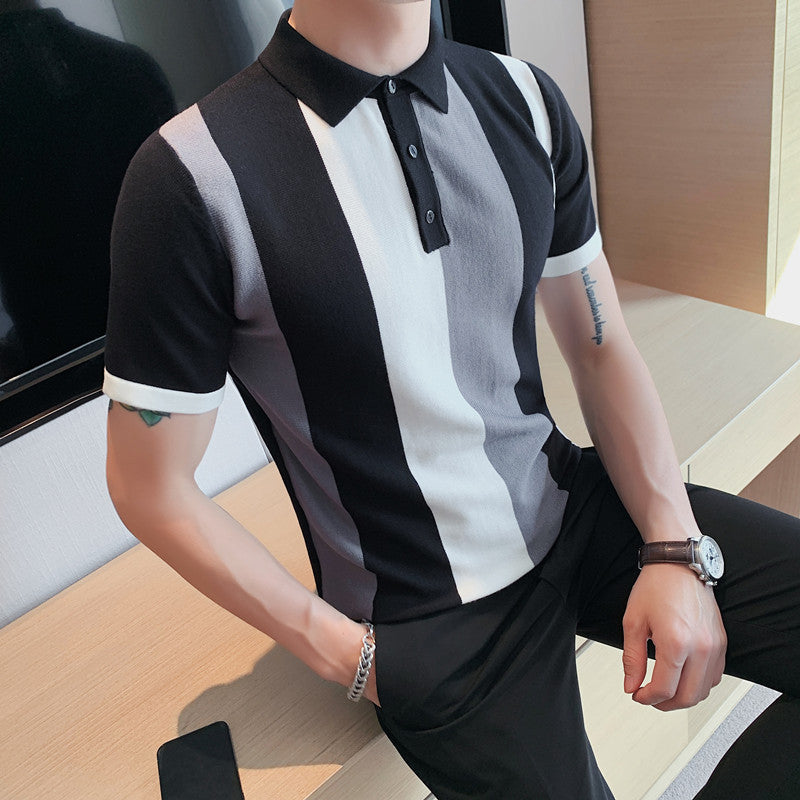 Striped Colorblock Short Sleeve Polo Shirt Men's High-end Lapel Knitted Ice Silk T-shirt