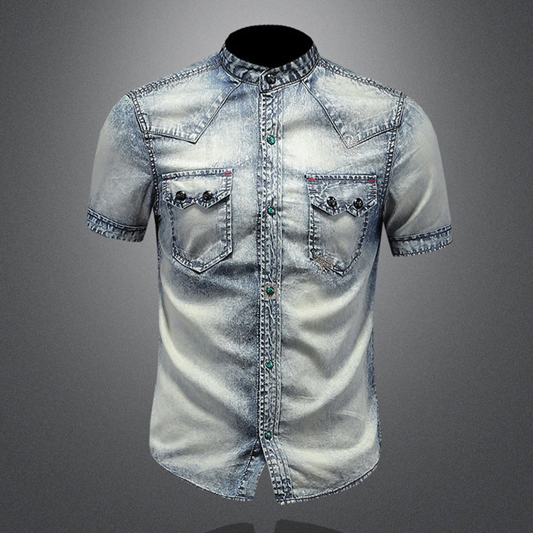 Men's denim short sleeve lining Vintage washed denim shirt summer