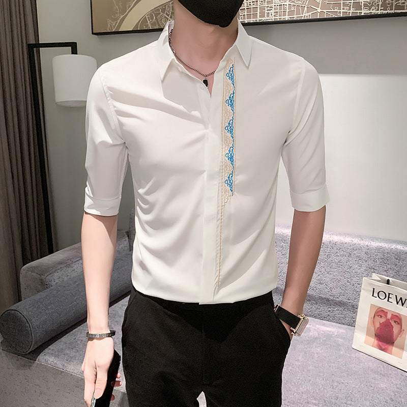 Embroidered half sleeve shirt casual mid sleeve shirt