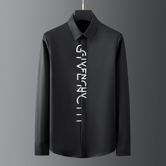 High-end men's long-sleeved shirt with random letters embroidered on the placket