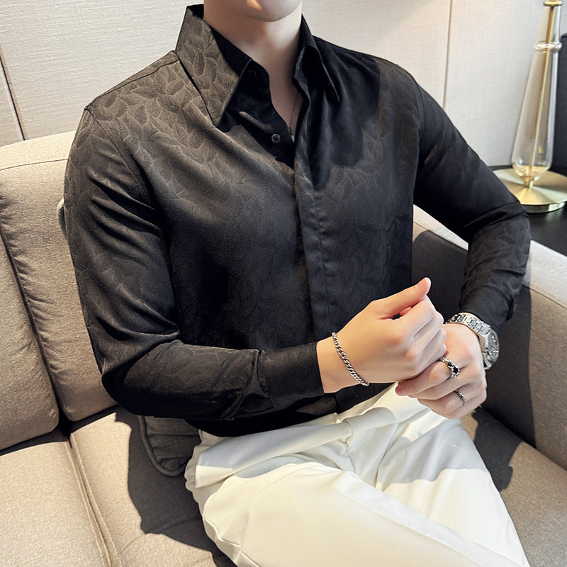 Dark Jacquard Lapel Floral Shirt Long Sleeve Casual Floral Shirt