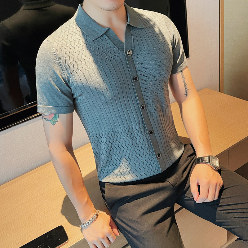 Men's short-sleeved polo shirt knitted ice silk slim striped T-shirt