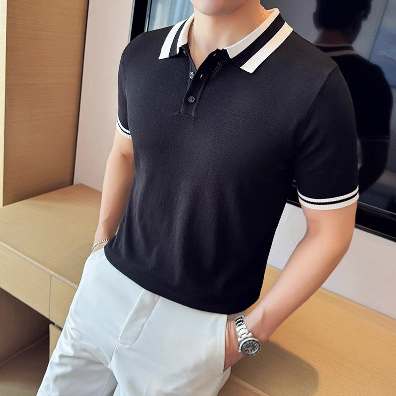 High-grade contrast color knitted short-sleeved Polo shirt ice silk thin T-shirt