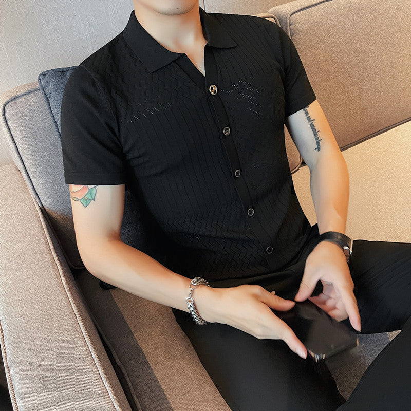 Men's short-sleeved polo shirt knitted ice silk slim striped T-shirt