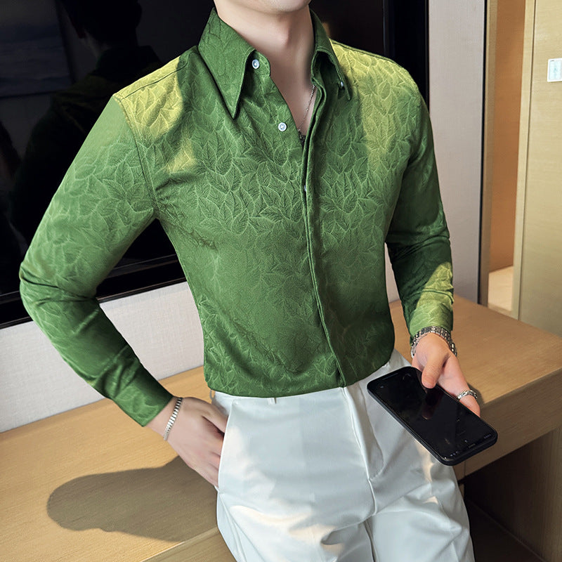 Dark Jacquard Lapel Floral Shirt Long Sleeve Casual Floral Shirt