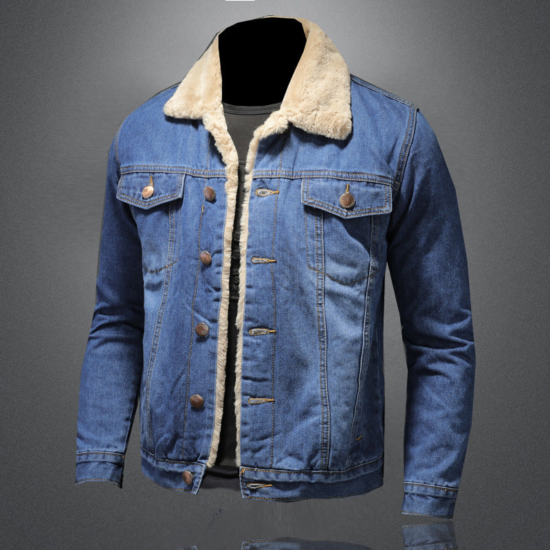 Plush and thickened warm denim jacket Men's plus size simple denim jacket