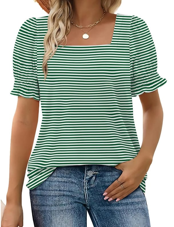 🔥 Tops for Women Summer Casual Ruffle Trim Sleeve Square Neck T Shirts