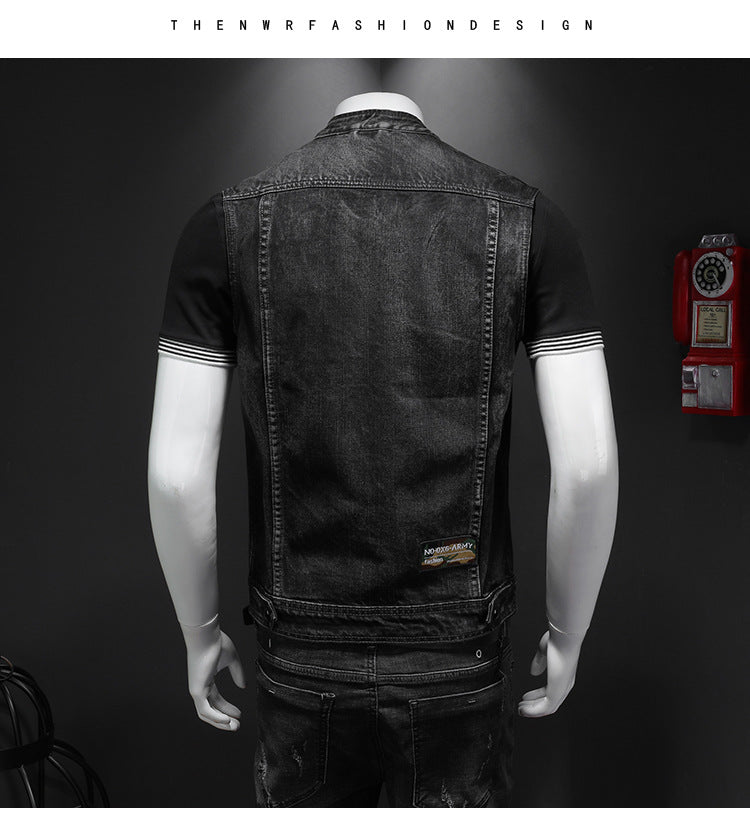 Men's Harley Davidson Team Uniform Black Stand Collar Large Size Denim Vest