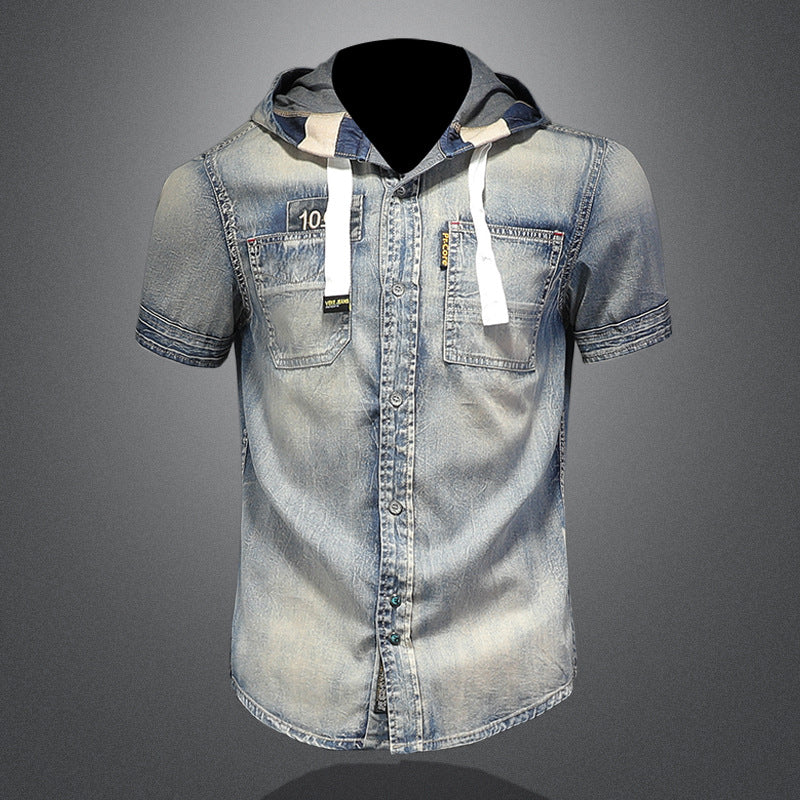 Summer trend men's short-sleeved hooded denim casual shirt retro slim handsome casual